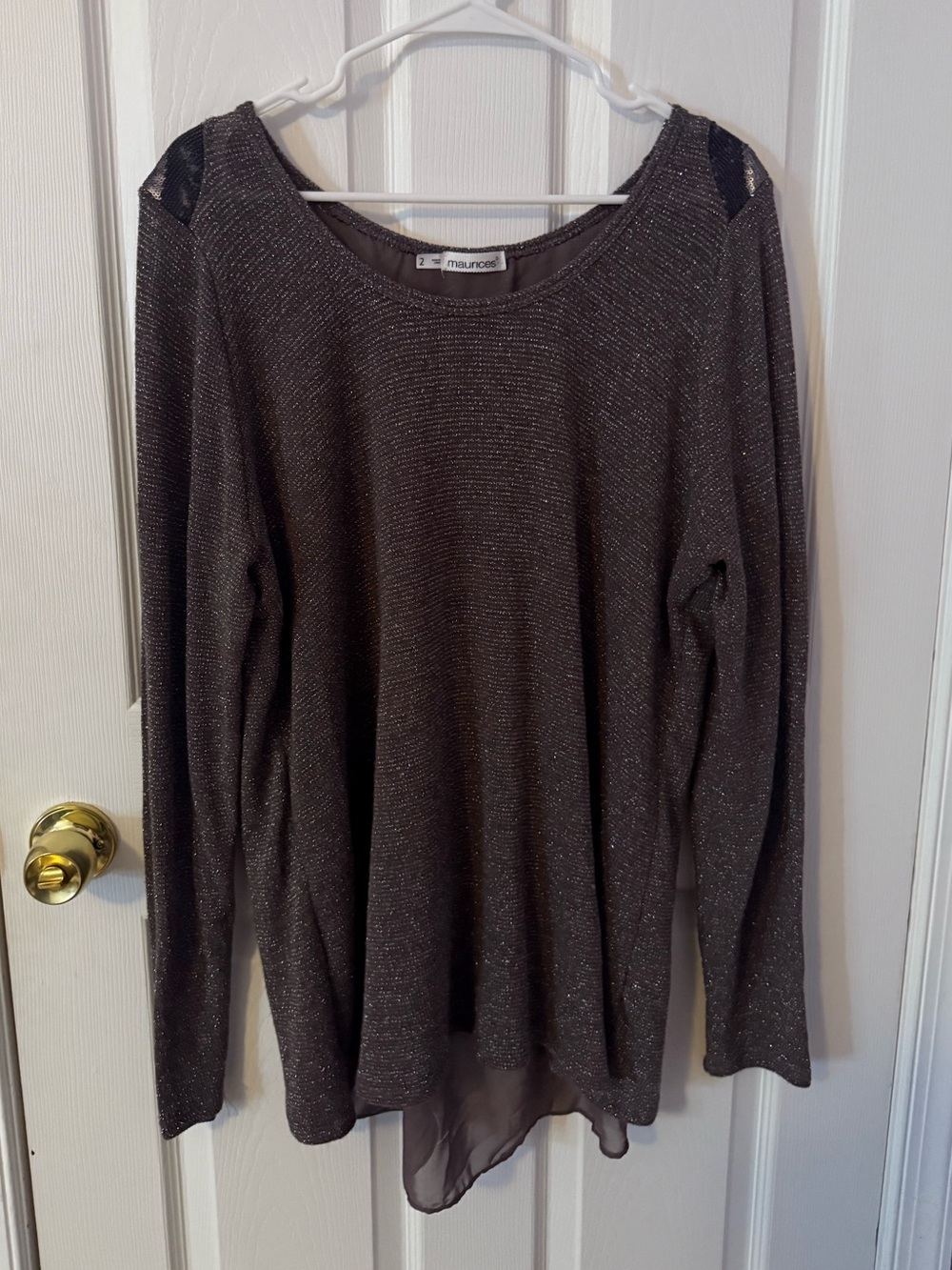 Maurices Shimmery Charcoal Crewneck Sweater with Sheer Back Hem